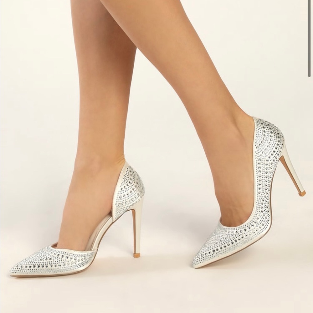 Lulus white satin rhinestone pump 🤍